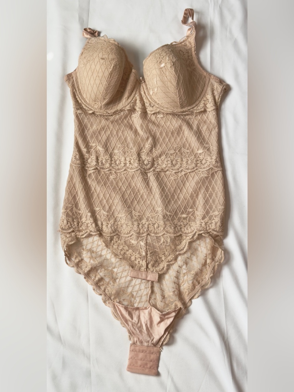 Skinnygirl by Bethenny Frankel, Diamond Lace Bodysuit, Nude Beige, Size M